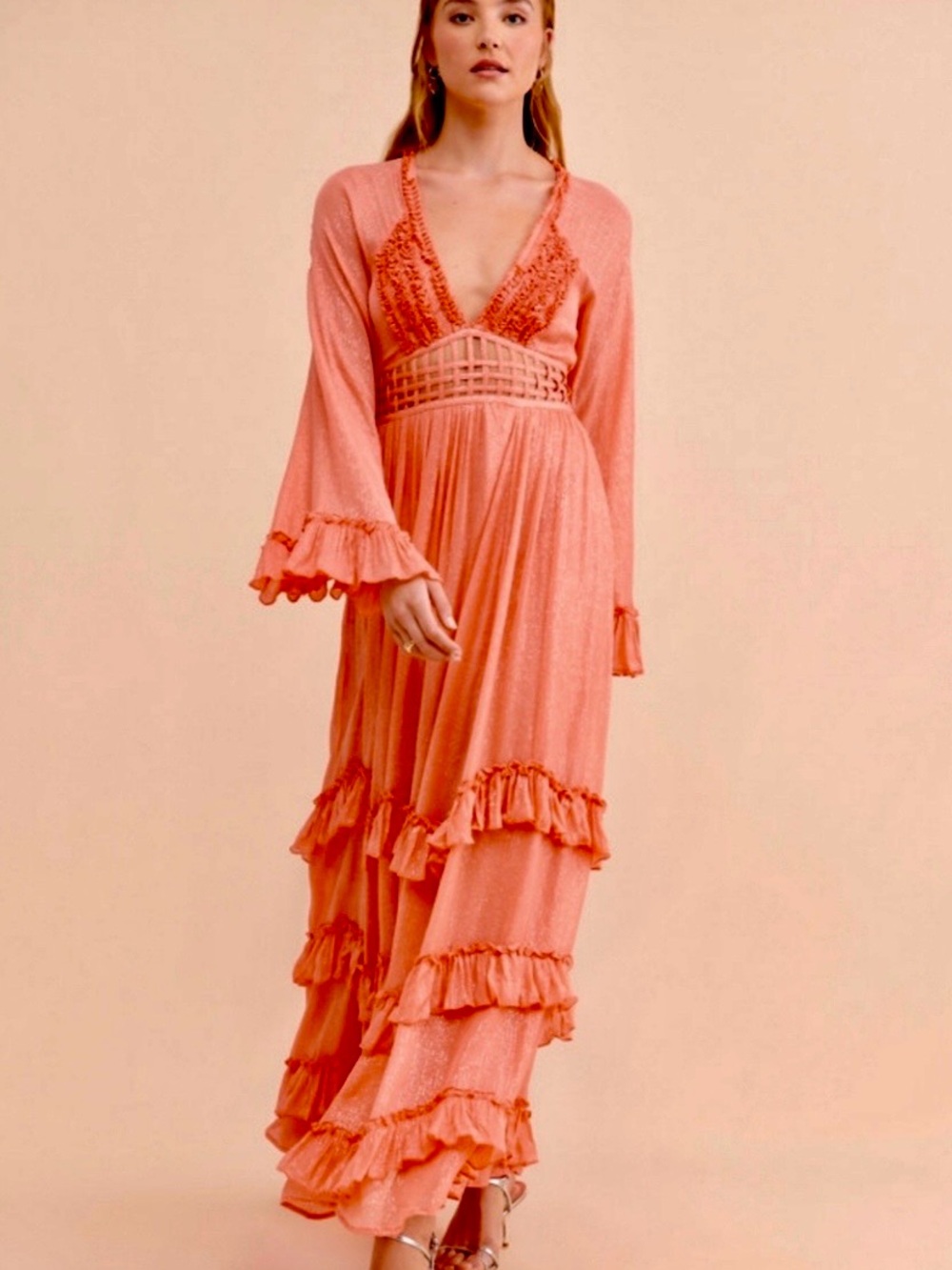 NWoT! Free People Seraphina Ruffle Maxi Dress Slip Peach ~ M